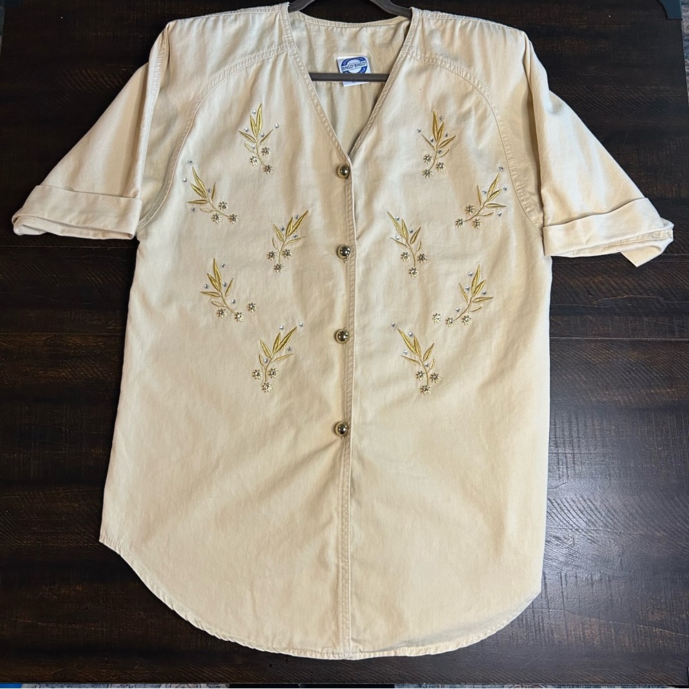 Vintage Embroidered Beige Button-Up Shirt
